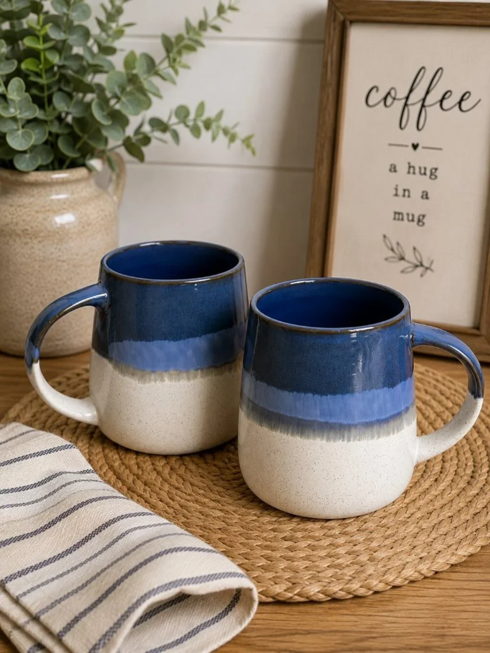 Bosmarlin Blue Ombre Stoneware Coffee Mugs Set of 2 Rustic Farmhouse 16 oz